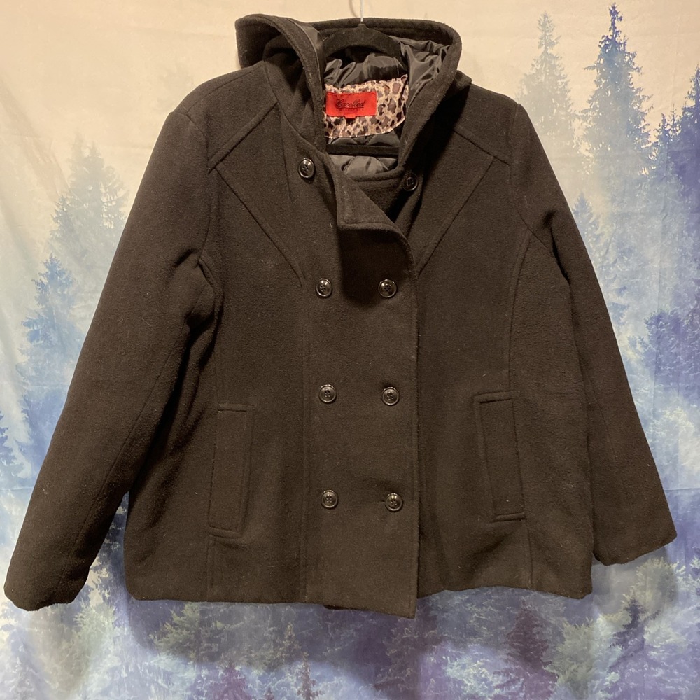 Excelled Collection Fleece Double Breasted Black Jacket Peacoat Size XL‎